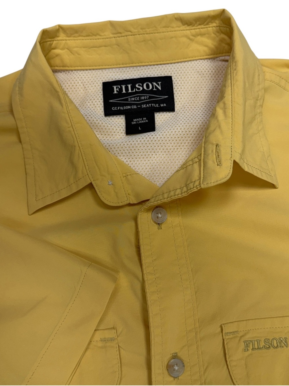 Filson Twin Lakes Sport Shirt Men Large Yellow Short Sleeve Vent Fish Outdoor CC